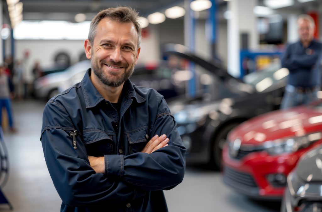 A man standing in front of a car in a garage